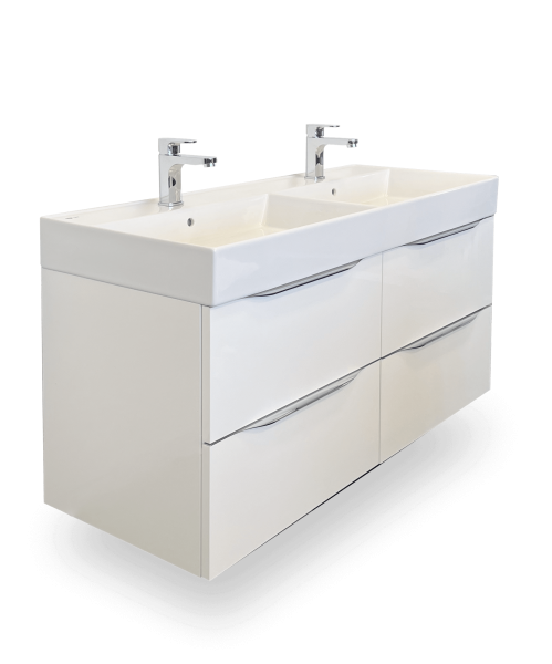 Waschtisch-Set Badicum SAT 120,5 cm Waschtisch und Unterschrank mit 2x2 Auszügen in Weiß Hochglanz Perspektive