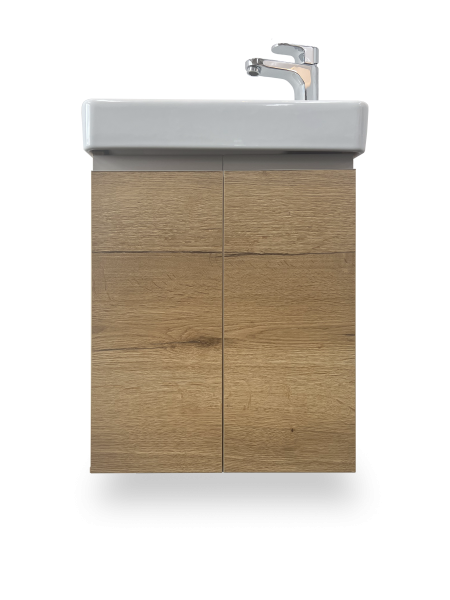 Set Handwaschbecken Laufen Pro S 48x28 cm mit Unterschrank, 2 Türen, in Dekor Eiche Warm Frontansicht