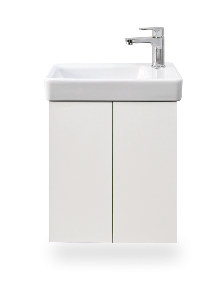 Handwaschbecken von Laufen, Model Pro S, 48x28 cm, als Set mit Unterschrank, 2 Türen in Weiß Supermatt Frontansicht