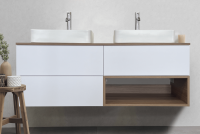 Designer Badmöbel für 2 Aufsatzwaschbecken in Eiche und Weiß Supermatt